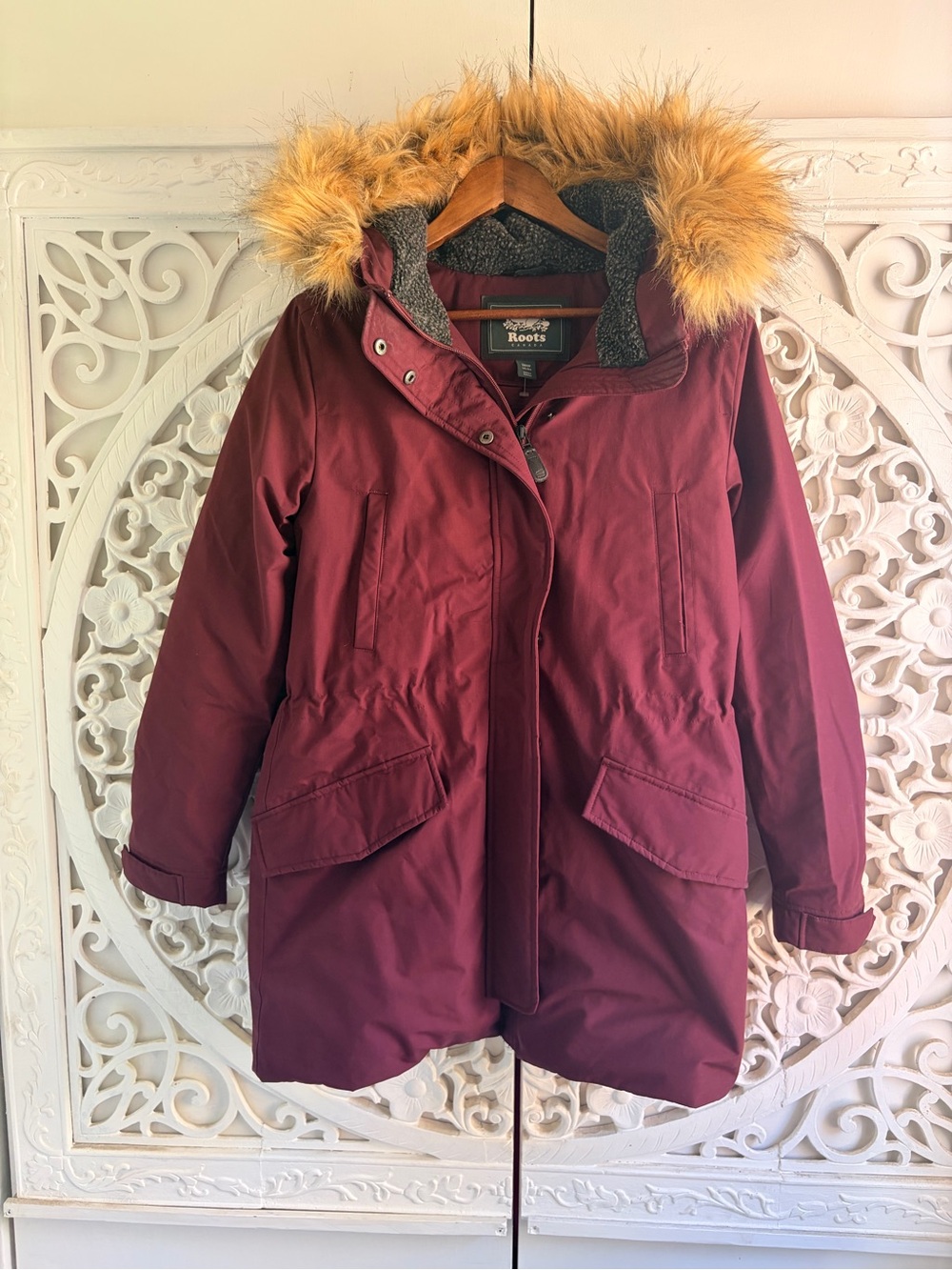 Roots Portage Parka Burgundy Thinsulate Faux Fur Winter Coat Size M